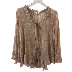 Mystic Paisley Floral Chiffon Long Sleeve Ruffle neck Top semi sheer small NWT